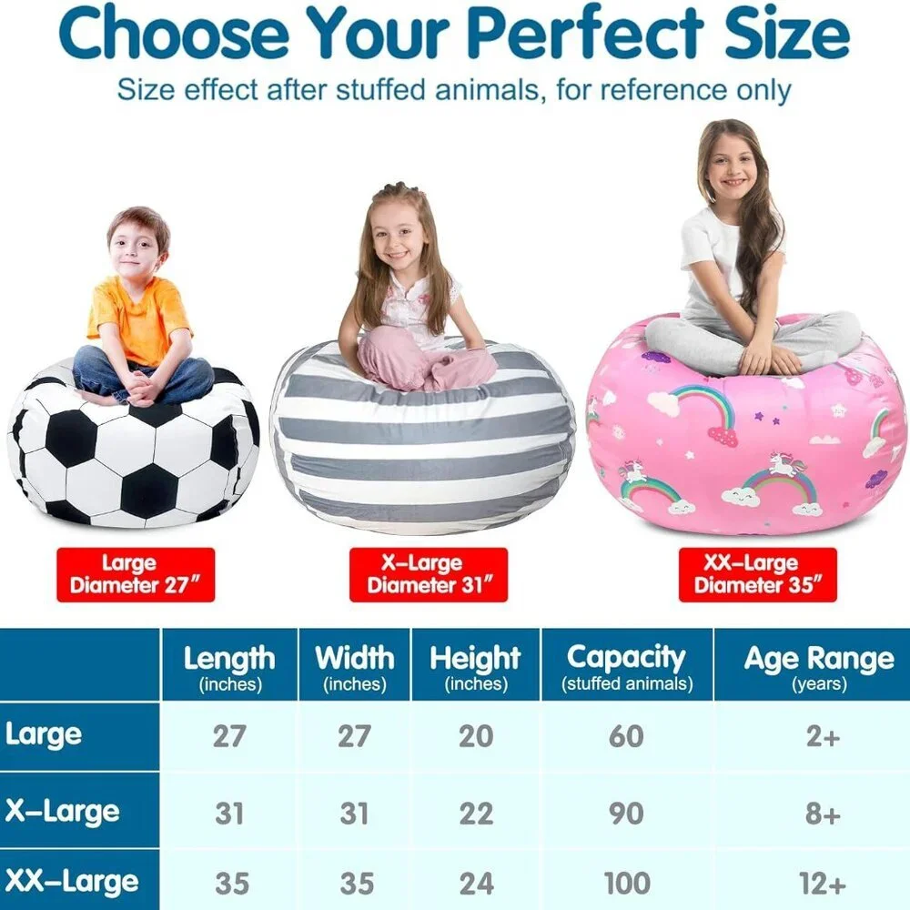 Stuffed Animal Storage Bean Bag Chair Cover for Kids, Soccer Zipper Beanbag Chai - Picture 5 of 6
